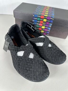 bernie mev. Black Woven Stretch Slip-On Sandals with Crossover Strap. Brand New